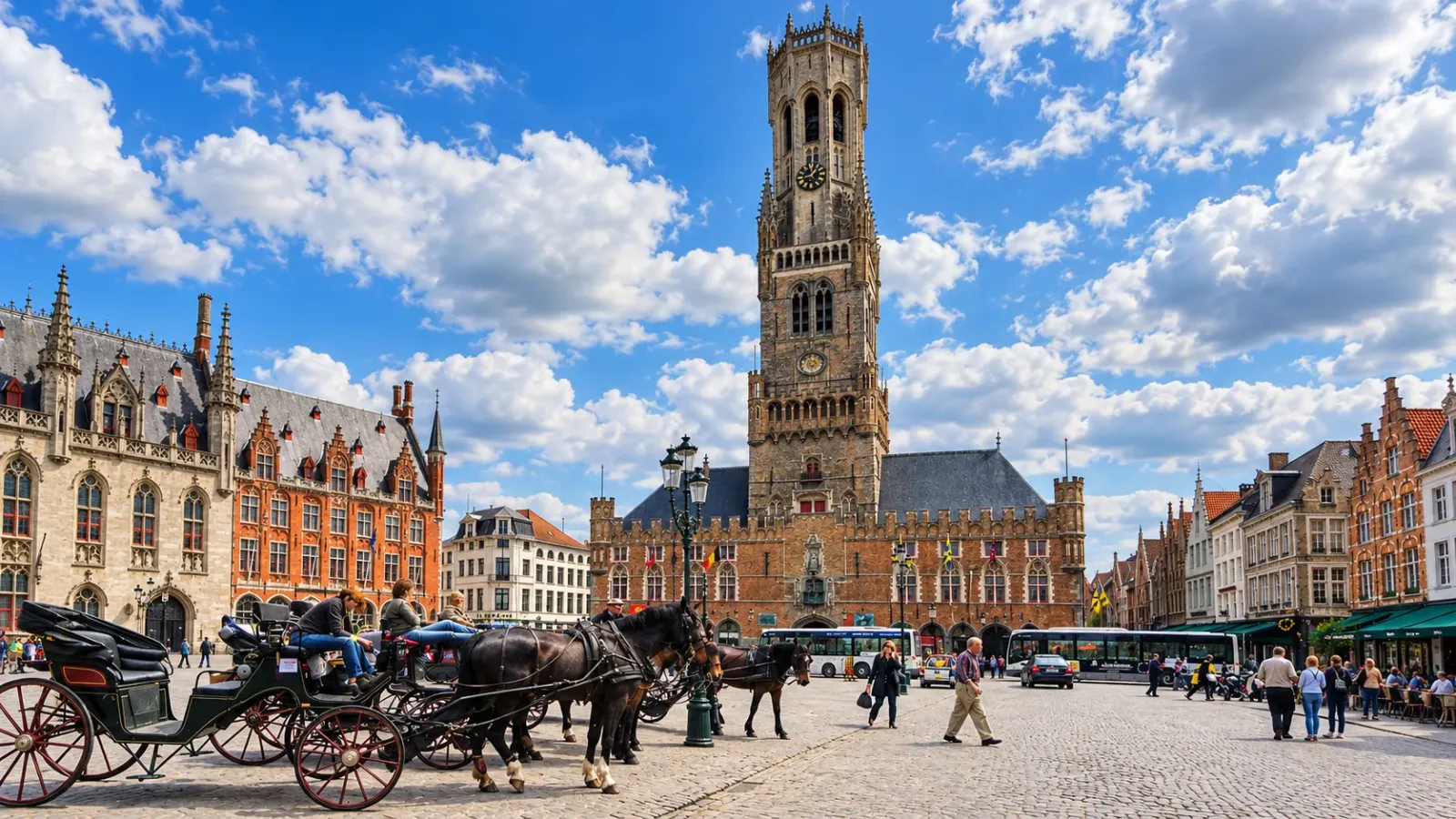Quảng trường Markt với tháp chuông Belfry và những dãy nhà cổ ở Bruges