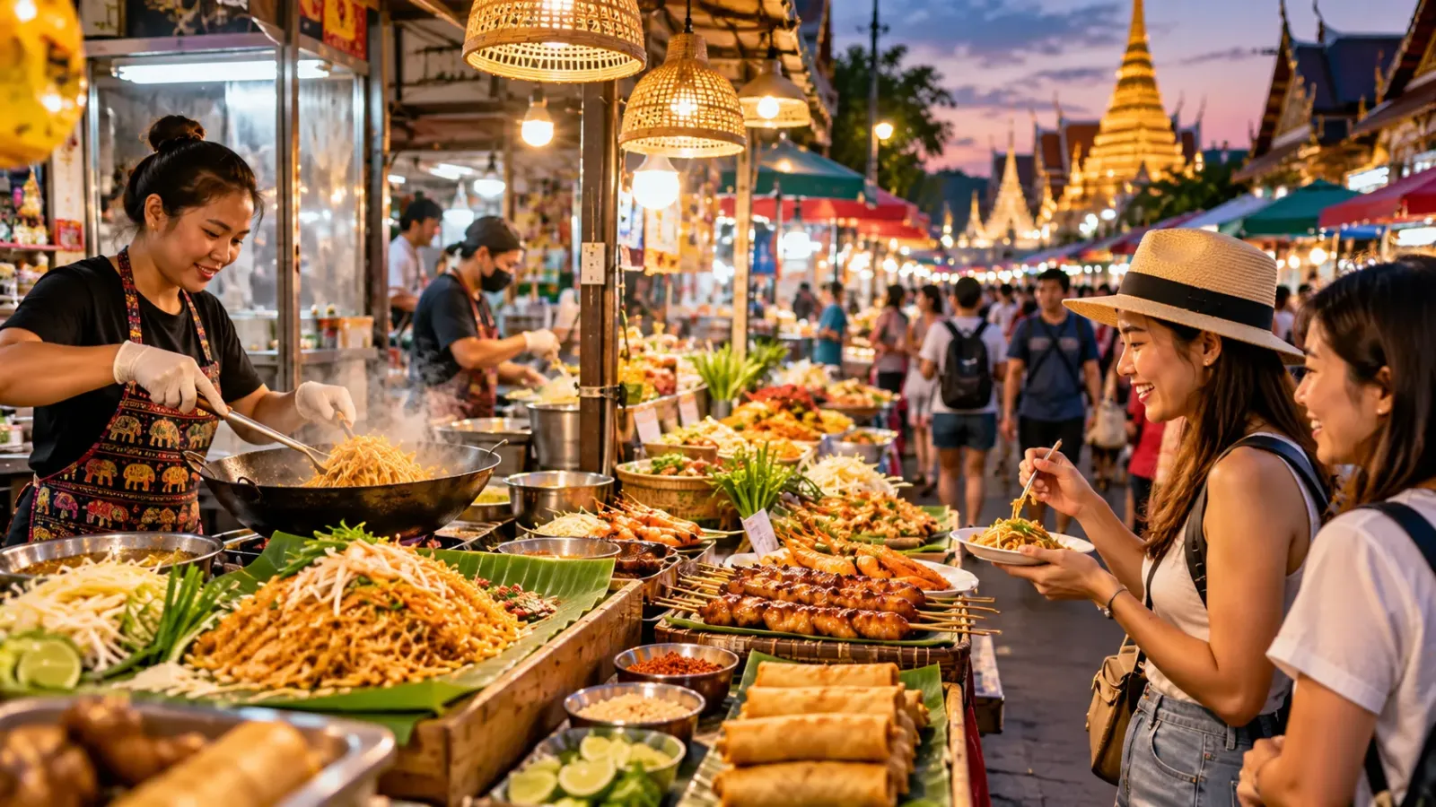 Quầy ẩm thực đường phố Thái Lan với Pad Thai và các món ăn địa phương