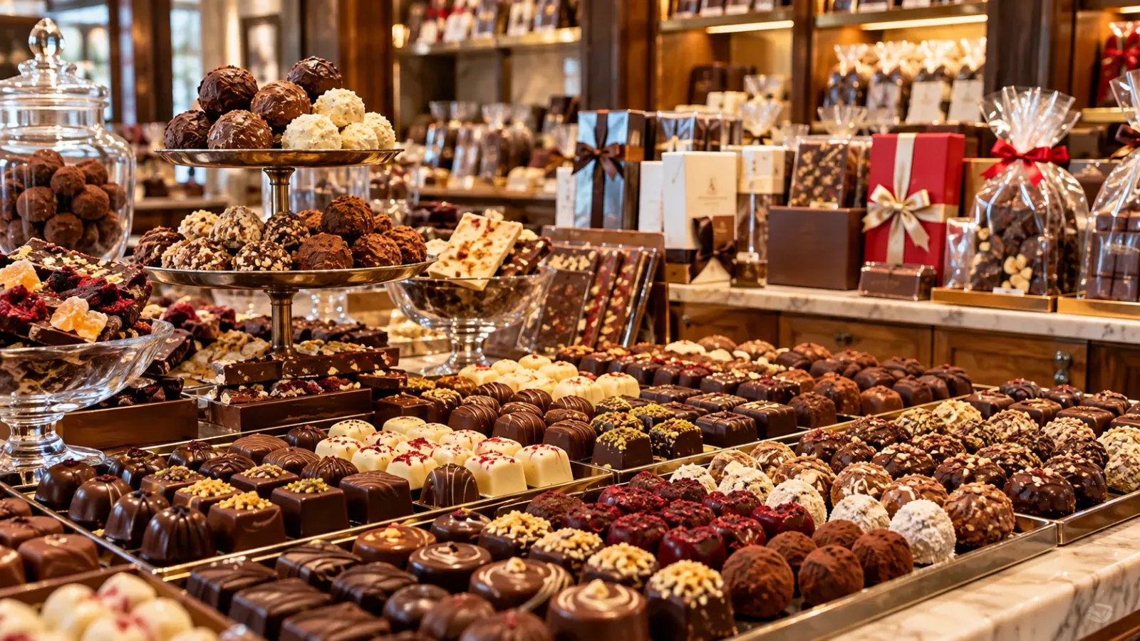 Quầy trưng bày nhiều loại chocolate, kẹo và sản phẩm chocolate đóng gói tại một cửa hàng.