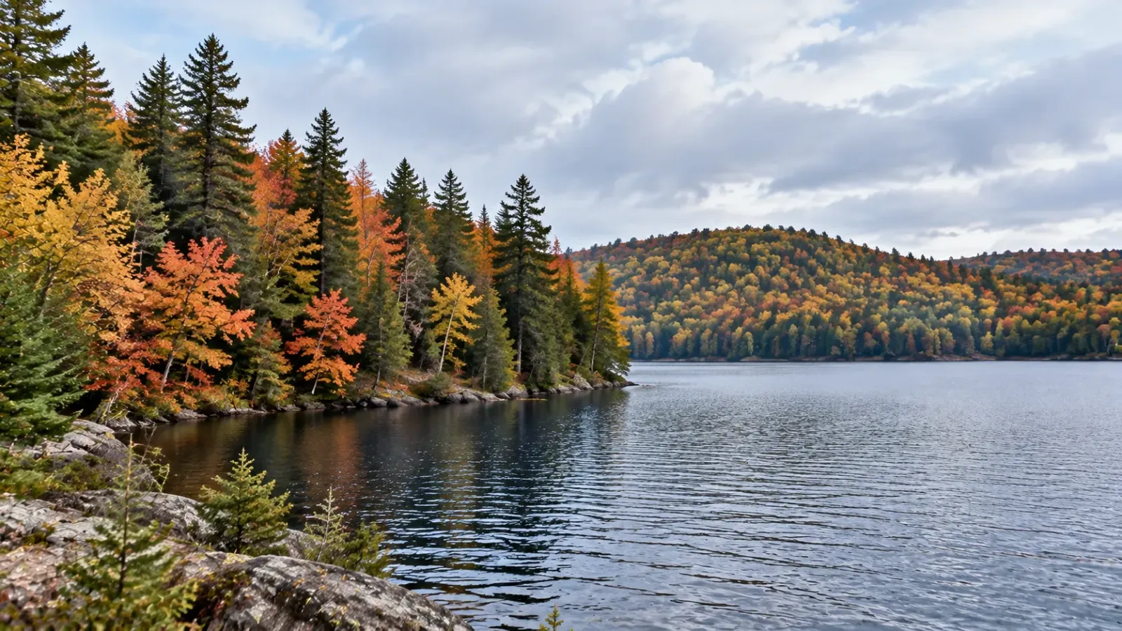Rừng cây và hồ nước tại Algonquin Provincial Park vào mùa thu