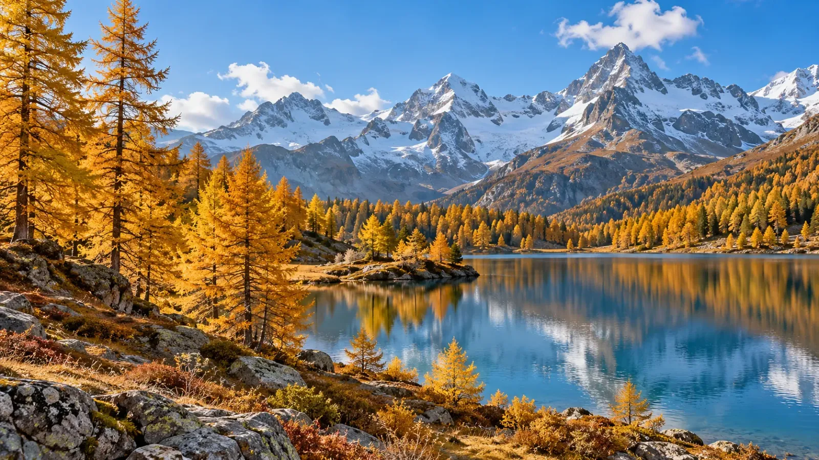 Rừng thông rụng lá chuyển vàng bên hồ và dãy núi Alps tại vùng Engadin Thụy Sĩ vào mùa thu