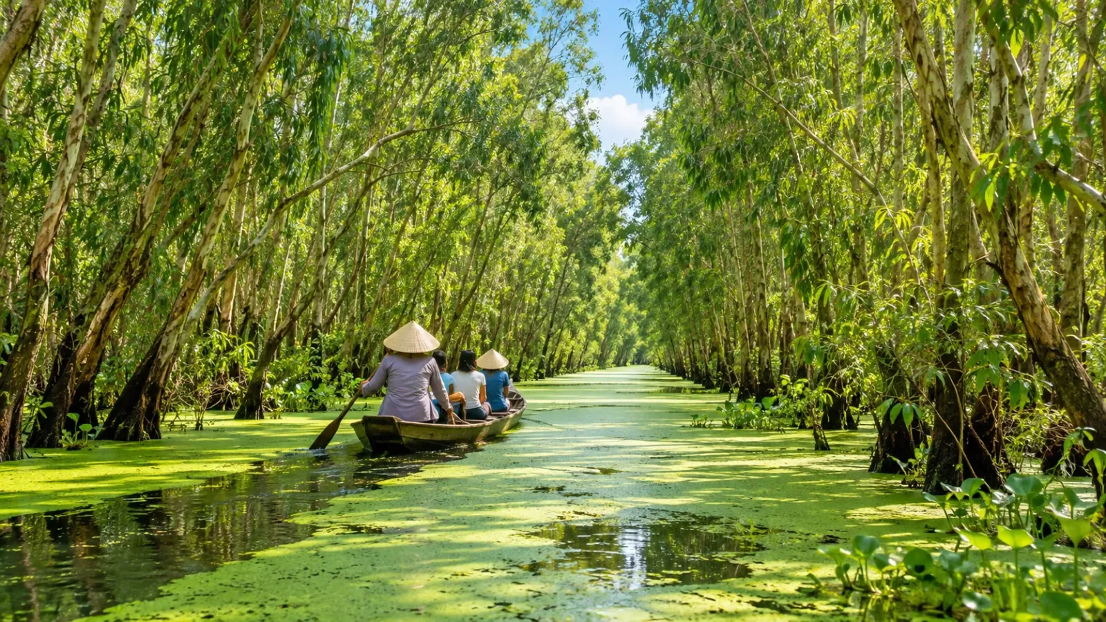 Rừng tràm Trà Sư với mặt nước và rừng tràm xanh tại An Giang