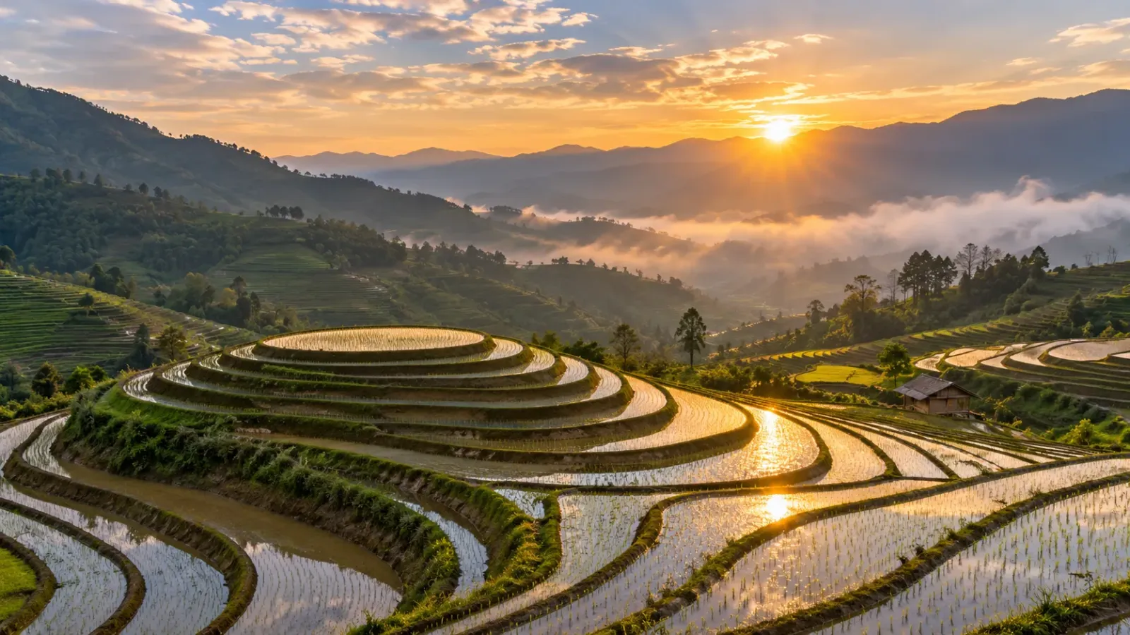 Ruộng bậc thang khu vực đồi Mâm Xôi tại La Pán Tẩn vào mùa nước đổ với các đường ruộng uốn cong và mặt nước phản chiếu ánh trời
