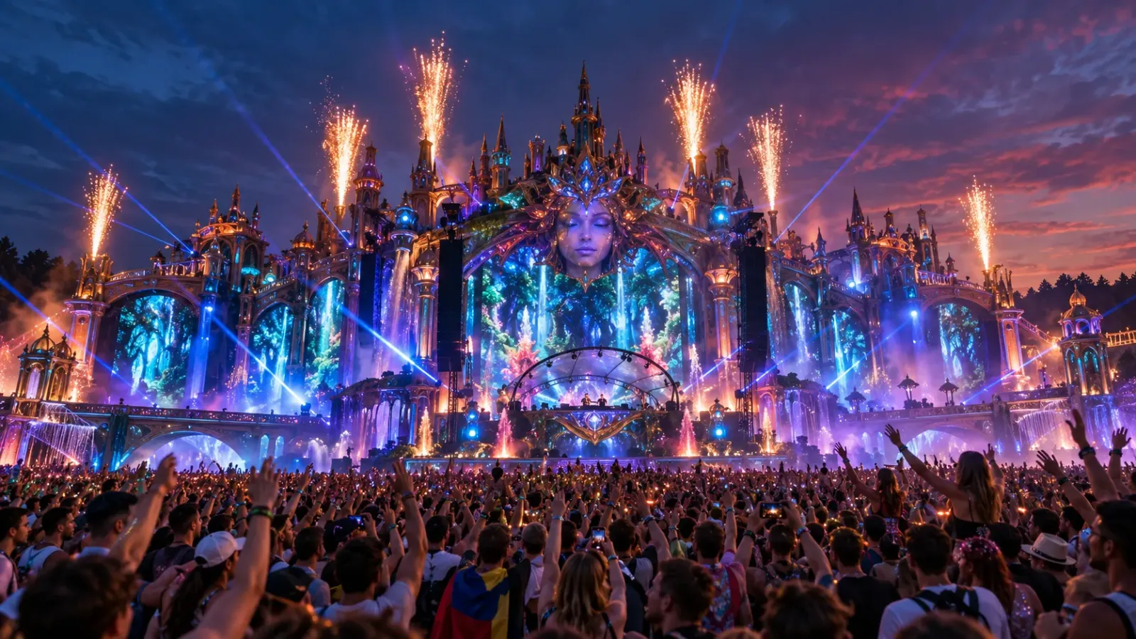 Sân khấu và không khí biểu diễn tại lễ hội âm nhạc Tomorrowland ở Bỉ.