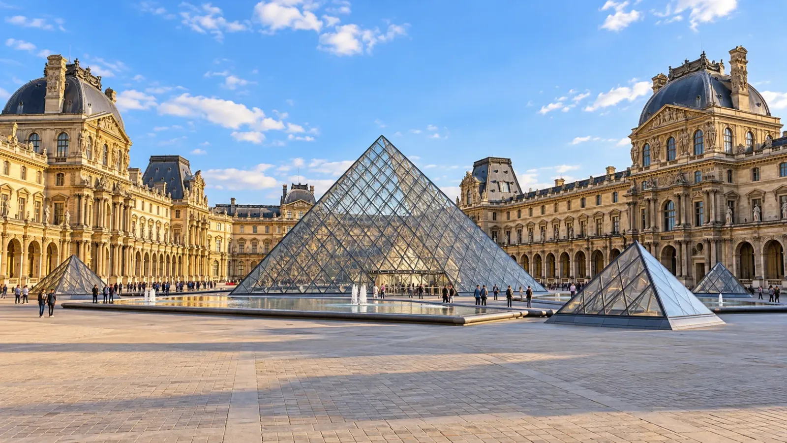 Sân Napoléon với kim tự tháp kính lớn, kim tự tháp nhỏ và các dãy nhà của Bảo tàng Louvre.