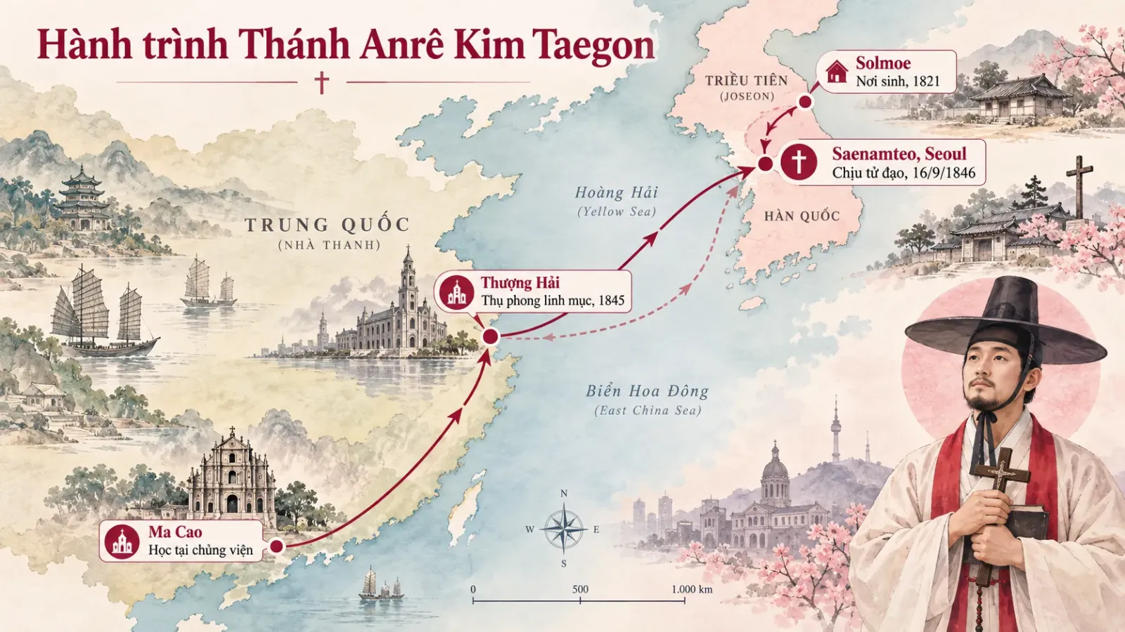 Sơ đồ khái quát các mốc trong hành trình của Thánh Anrê Kim Taegon từ Solmoe đến Ma Cao, Thượng Hải và Saenamteo