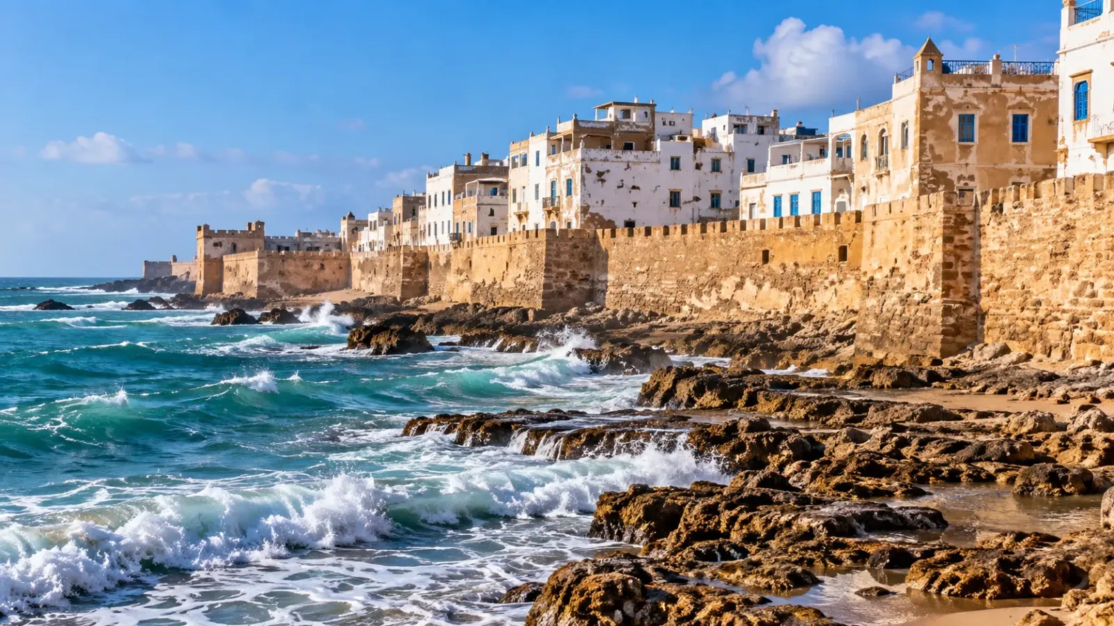 Sóng biển vỗ vào bãi đá bên tường thành và dãy nhà ven bờ biển Maroc