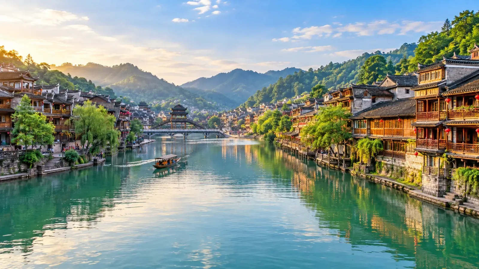 Sông Đà Giang chảy qua Phượng Hoàng Cổ Trấn với những ngôi nhà truyền thống và công trình ven sông