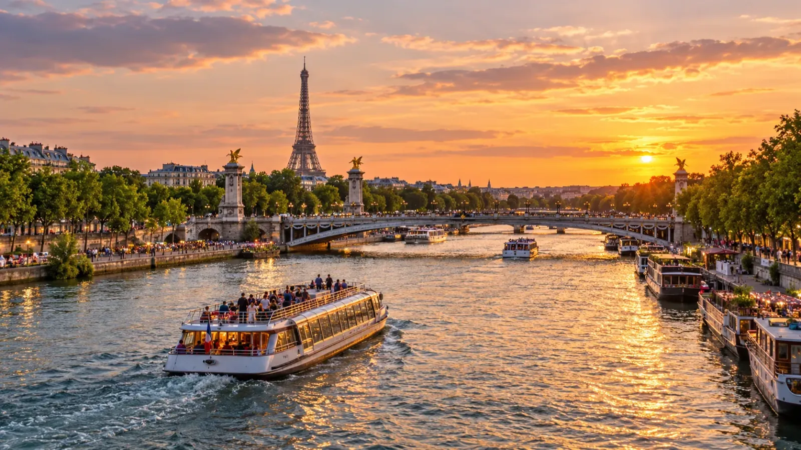 Sông Seine tại Paris dưới ánh chiều với cây cầu, thuyền và tháp Eiffel ở phía xa
