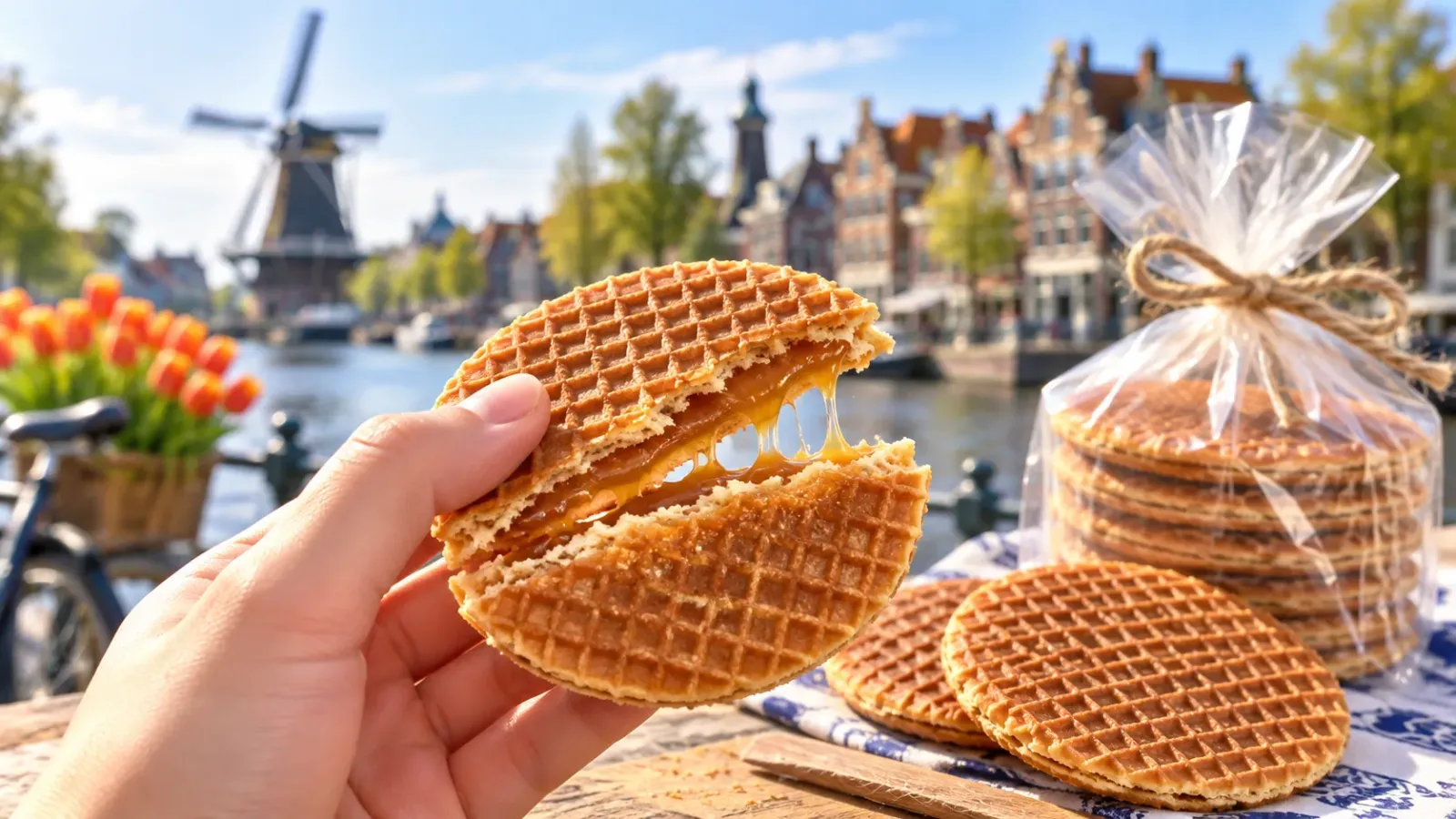 Stroopwafel Hà Lan gồm hai lớp waffle mỏng kẹp syrup