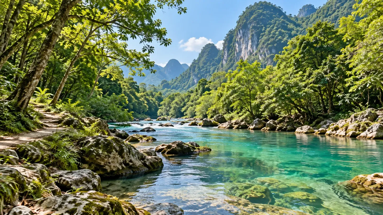 Suối Lê-nin tại khu di tích lịch sử Pác Bó Cao Bằng với dòng nước chảy giữa cây xanh và núi đá