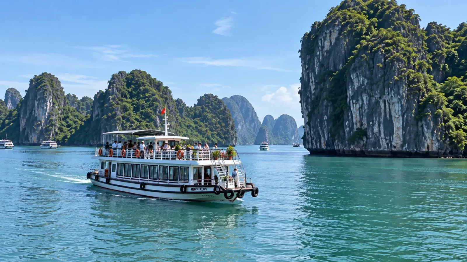 Tàu du lịch chở khách tham quan giữa các đảo đá vôi trên Vịnh Hạ Long