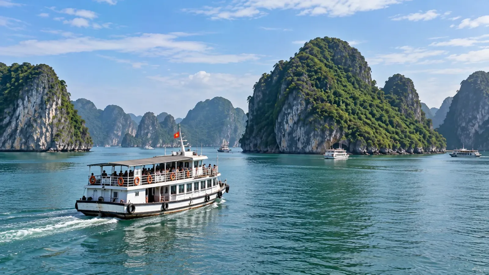 Tàu du lịch chở khách tham quan trong ngày giữa các đảo đá vôi trên Vịnh Hạ Long