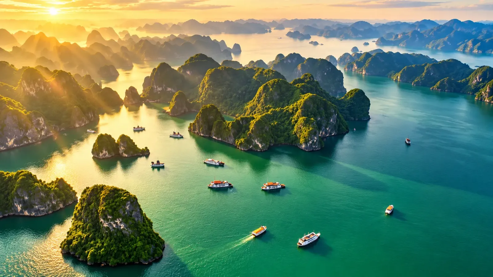 Tàu du lịch di chuyển giữa những đảo đá vôi trên vịnh Hạ Long trong ngày trời quang