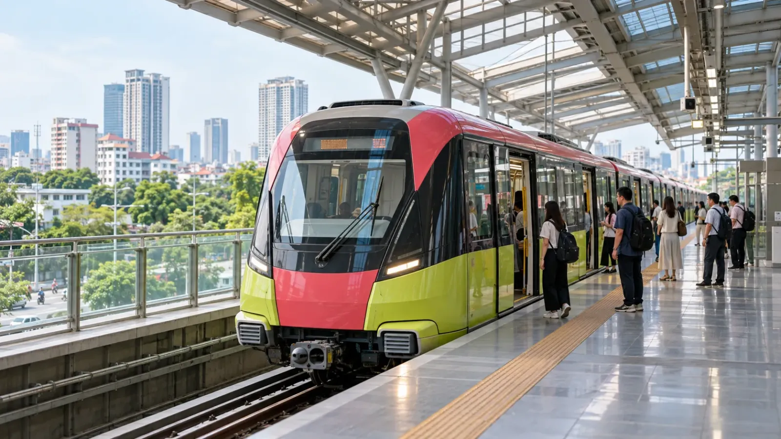 Tàu đường sắt đô thị Hà Nội và khu vực nhà ga phục vụ hành khách.