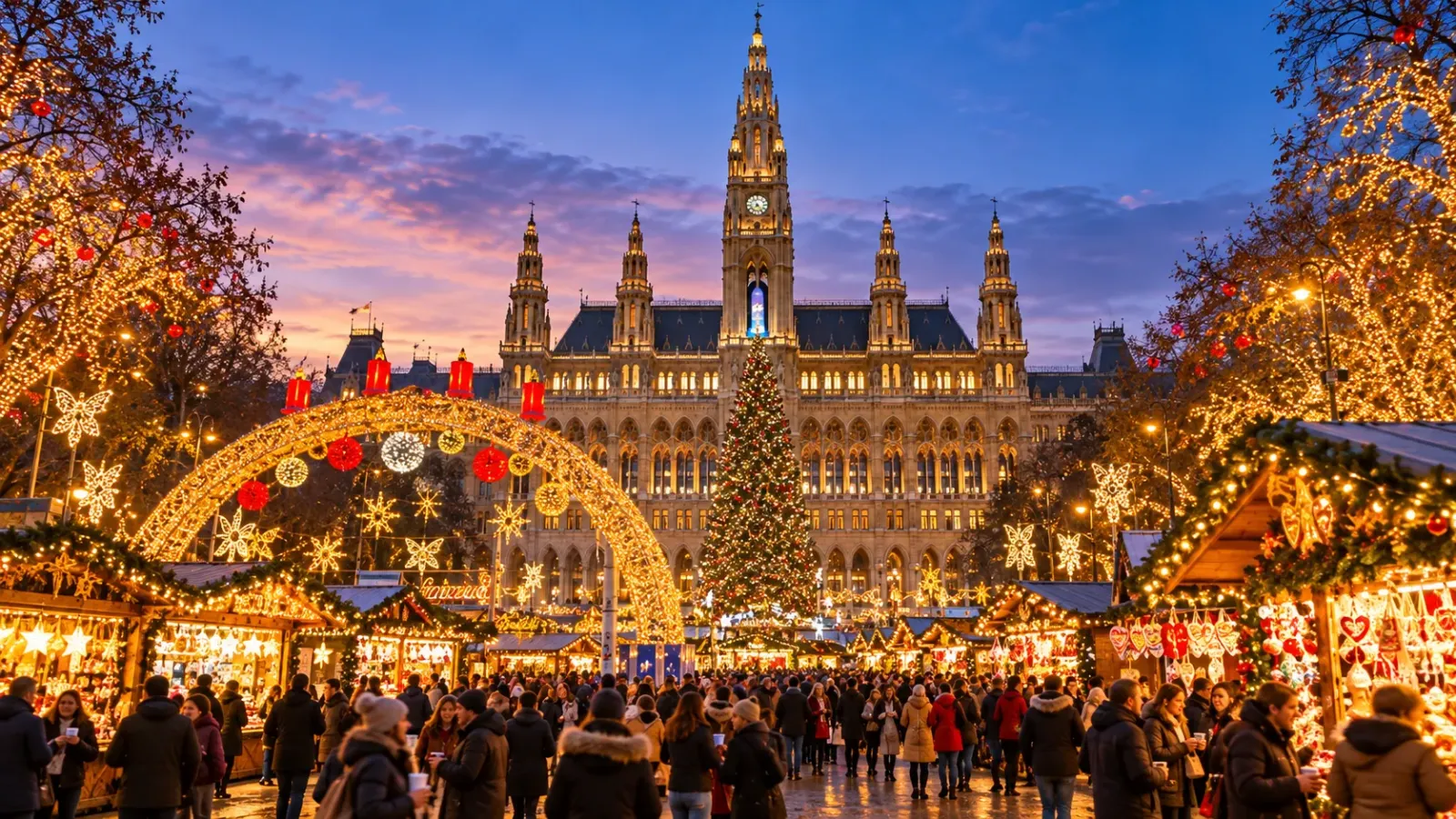 Tàu vui chơi Giáng sinh và không gian lễ hội gần Tòa thị chính Vienna ở Áo