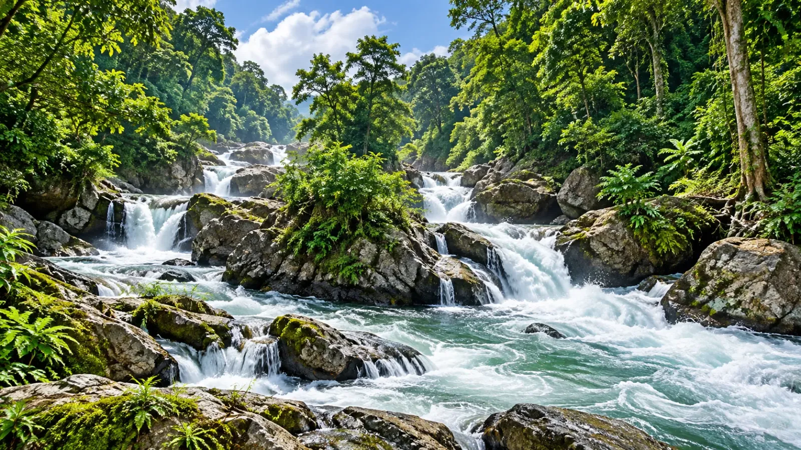 Thác Đầu Đẳng chảy qua các khối đá giữa rừng Ba Bể