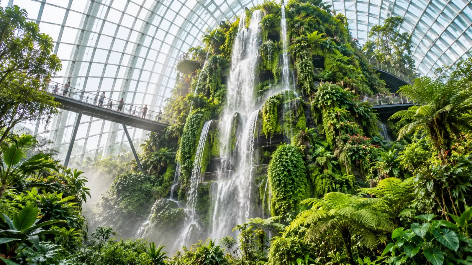 Thác nước và thảm thực vật xanh bên trong khu nhà kính Cloud Forest tại Singapore