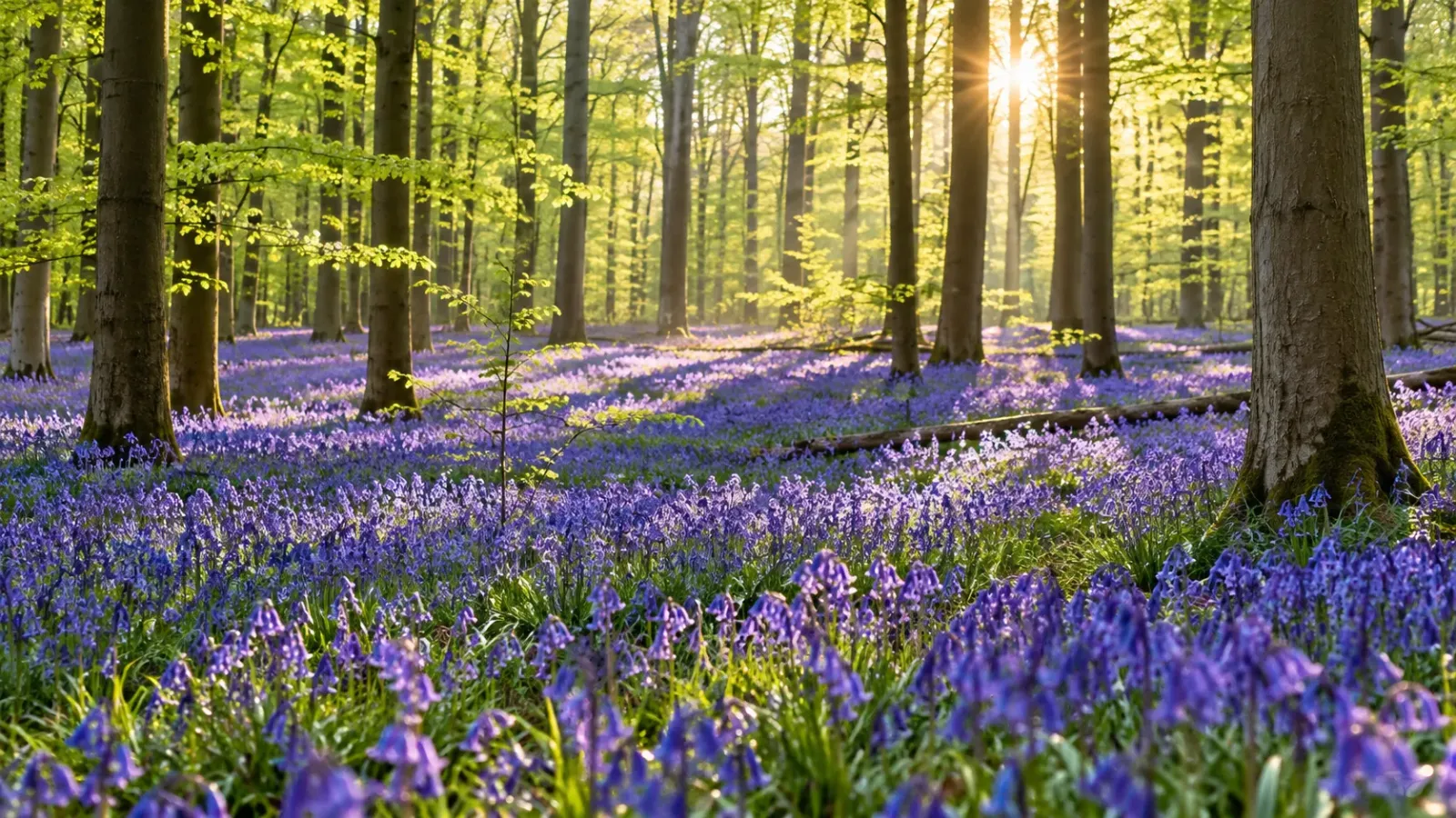Thảm hoa chuông xanh tím dưới tán cây trong rừng Hallerbos vào mùa xuân