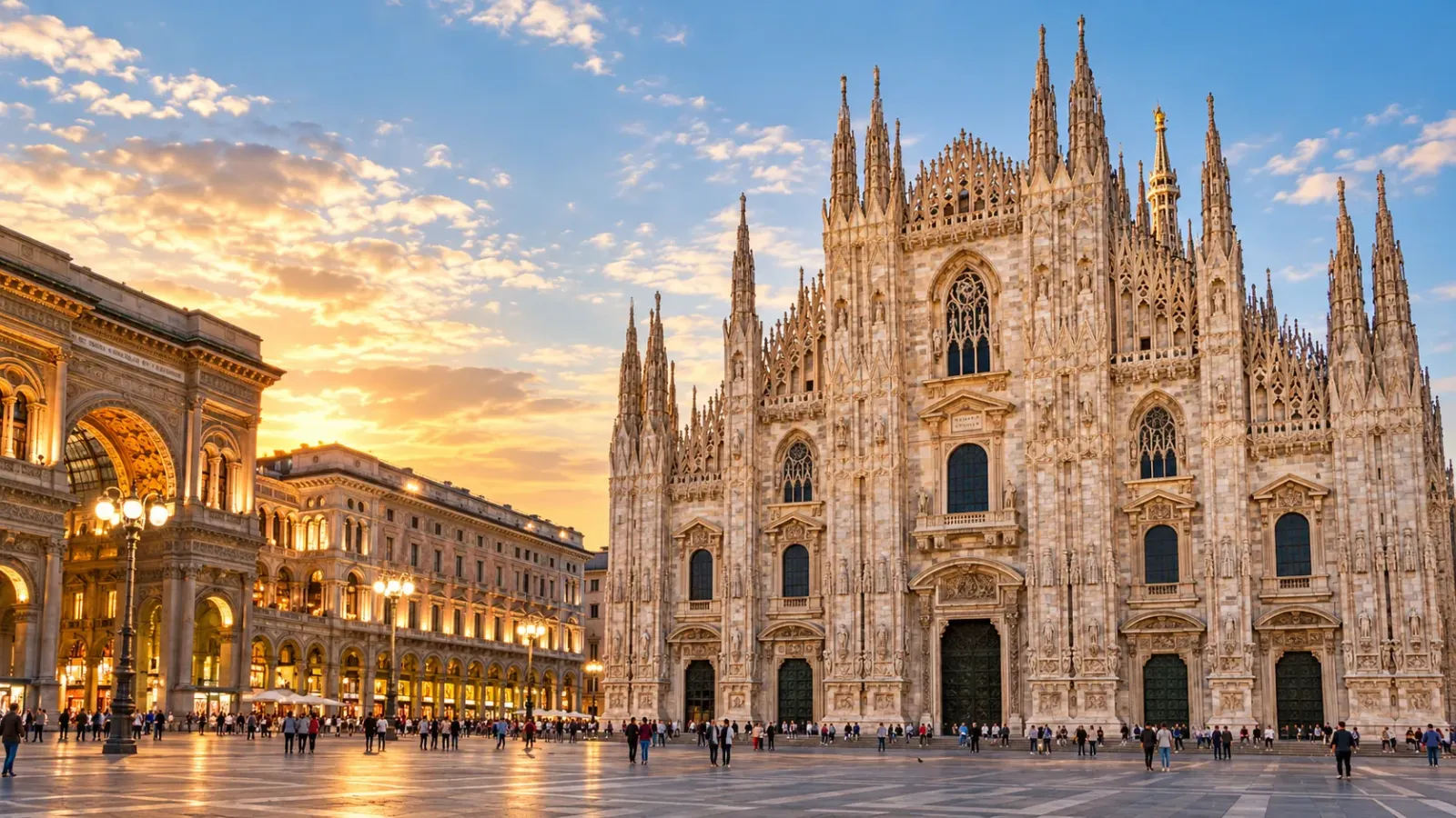 Thánh đường Duomo di Milano với mặt tiền Gothic và những ngọn tháp nhọn tại quảng trường trung tâm