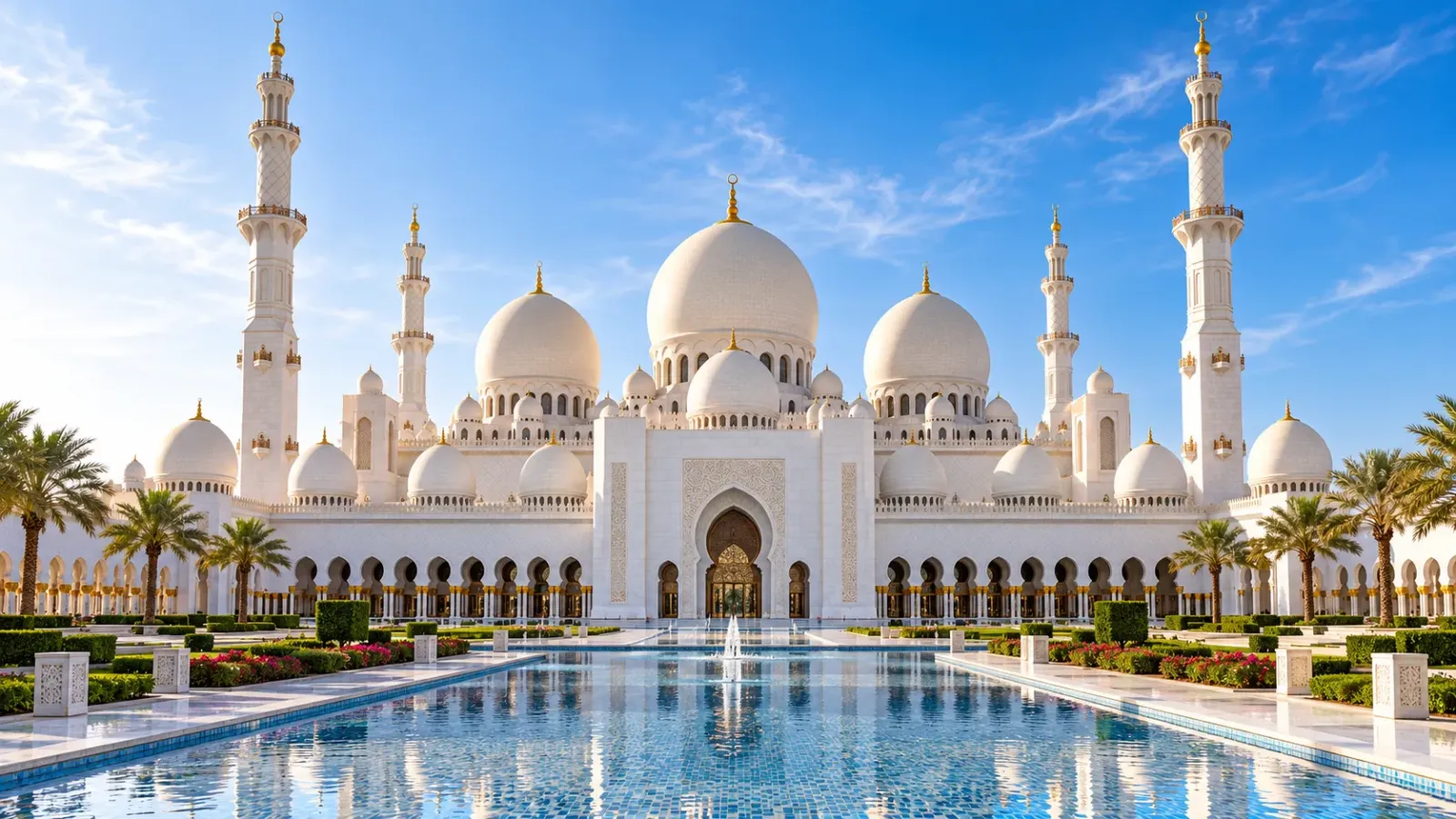 Thánh đường Sheikh Zayed Grand Mosque với các mái vòm trắng tại Abu Dhabi.