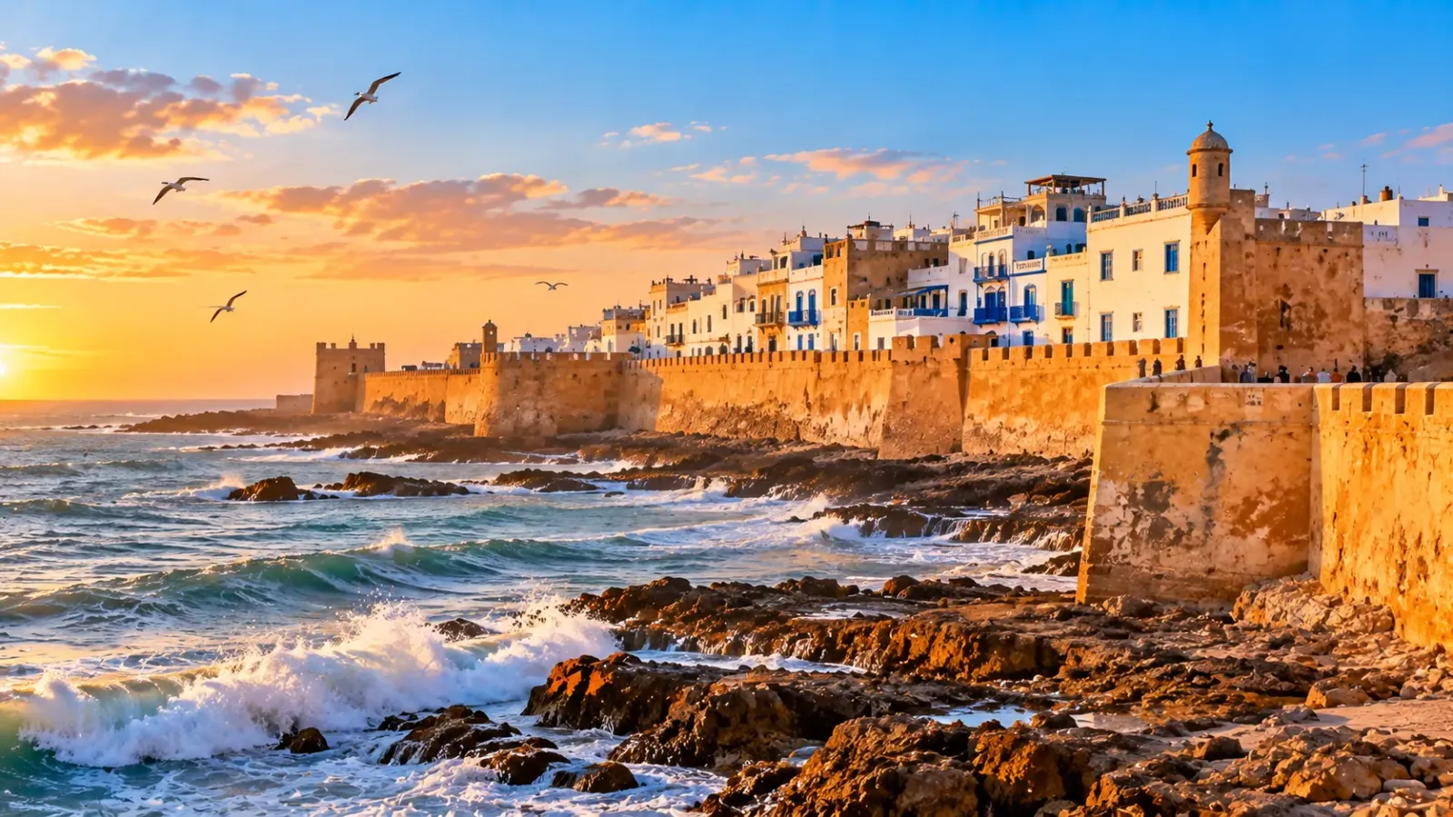 Thành lũy ven biển và bờ Đại Tây Dương tại thành phố Essaouira Maroc