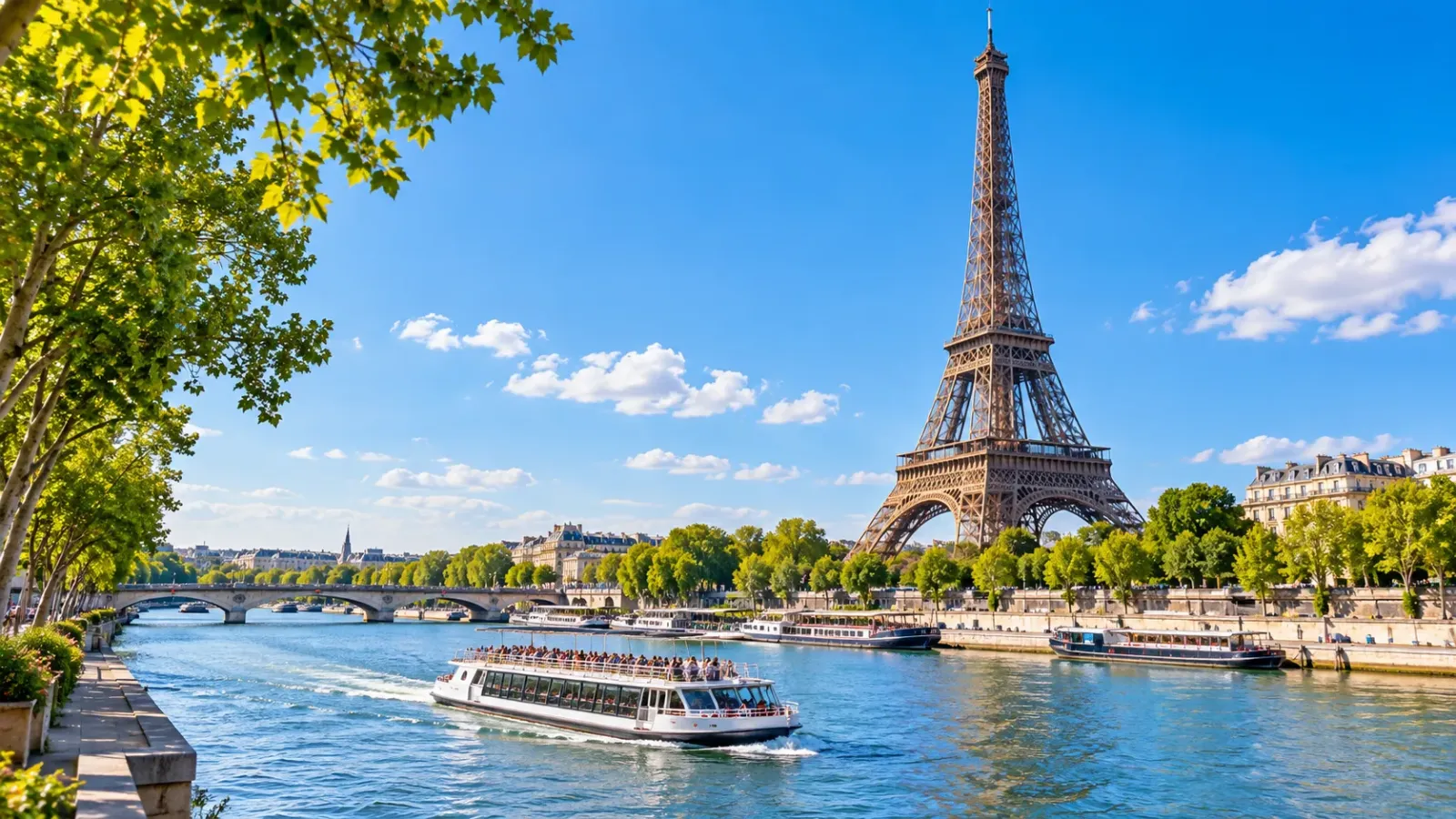 Tháp Eiffel bên dòng sông Seine dưới bầu trời xanh trong một ngày nắng tại Paris, Pháp.