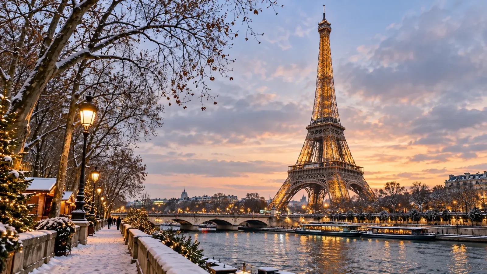 Tháp Eiffel tại Paris trong khung cảnh du lịch mùa Giáng sinh