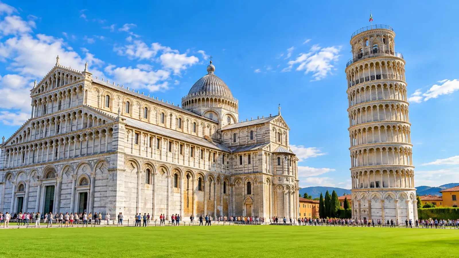 Tháp nghiêng Pisa đứng cạnh nhà thờ chính tòa trong quần thể Piazza del Duomo tại Tuscany