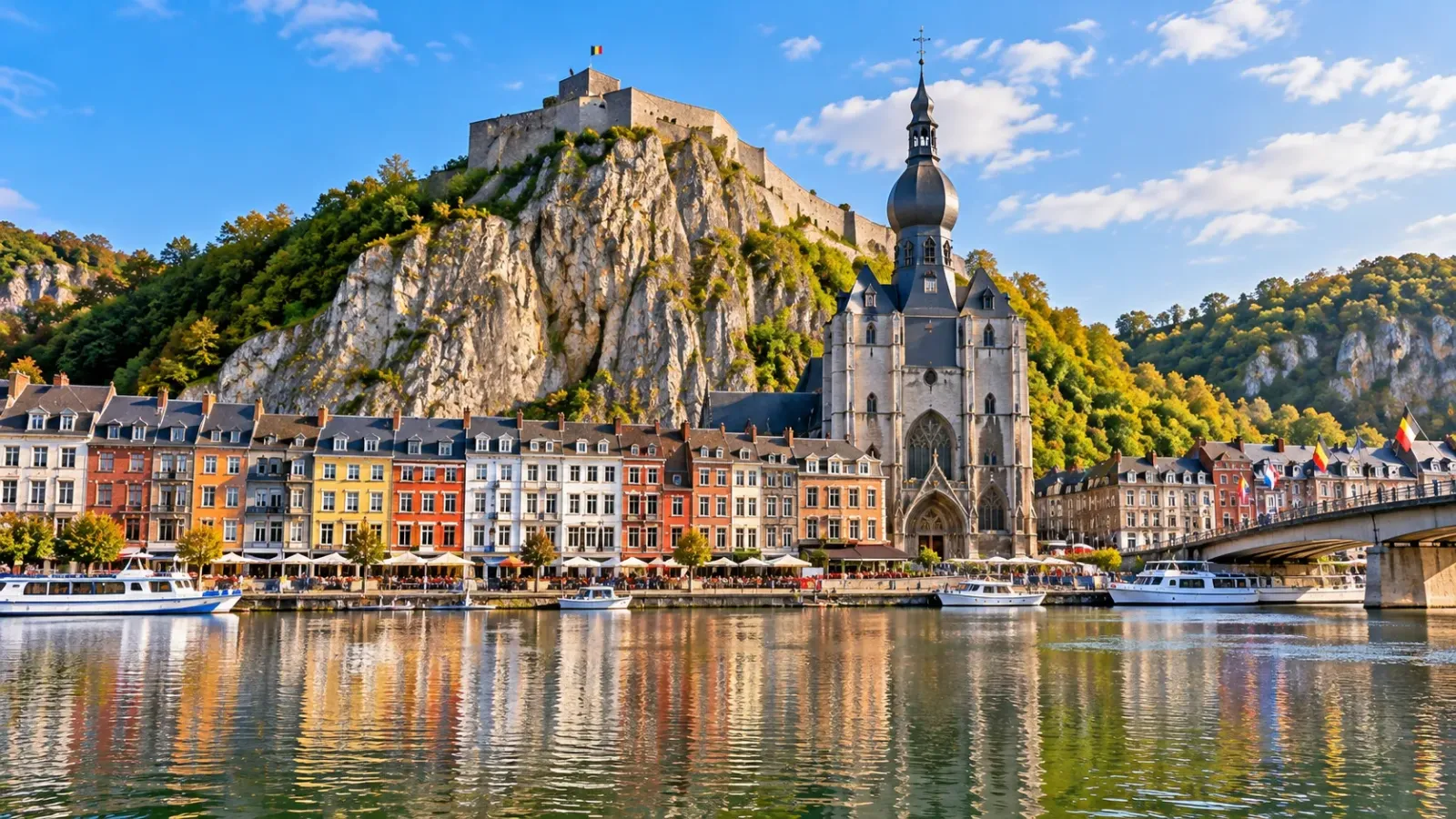 Thị trấn Dinant bên sông Meuse với nhà thờ Notre-Dame và thành cổ trên vách núi.