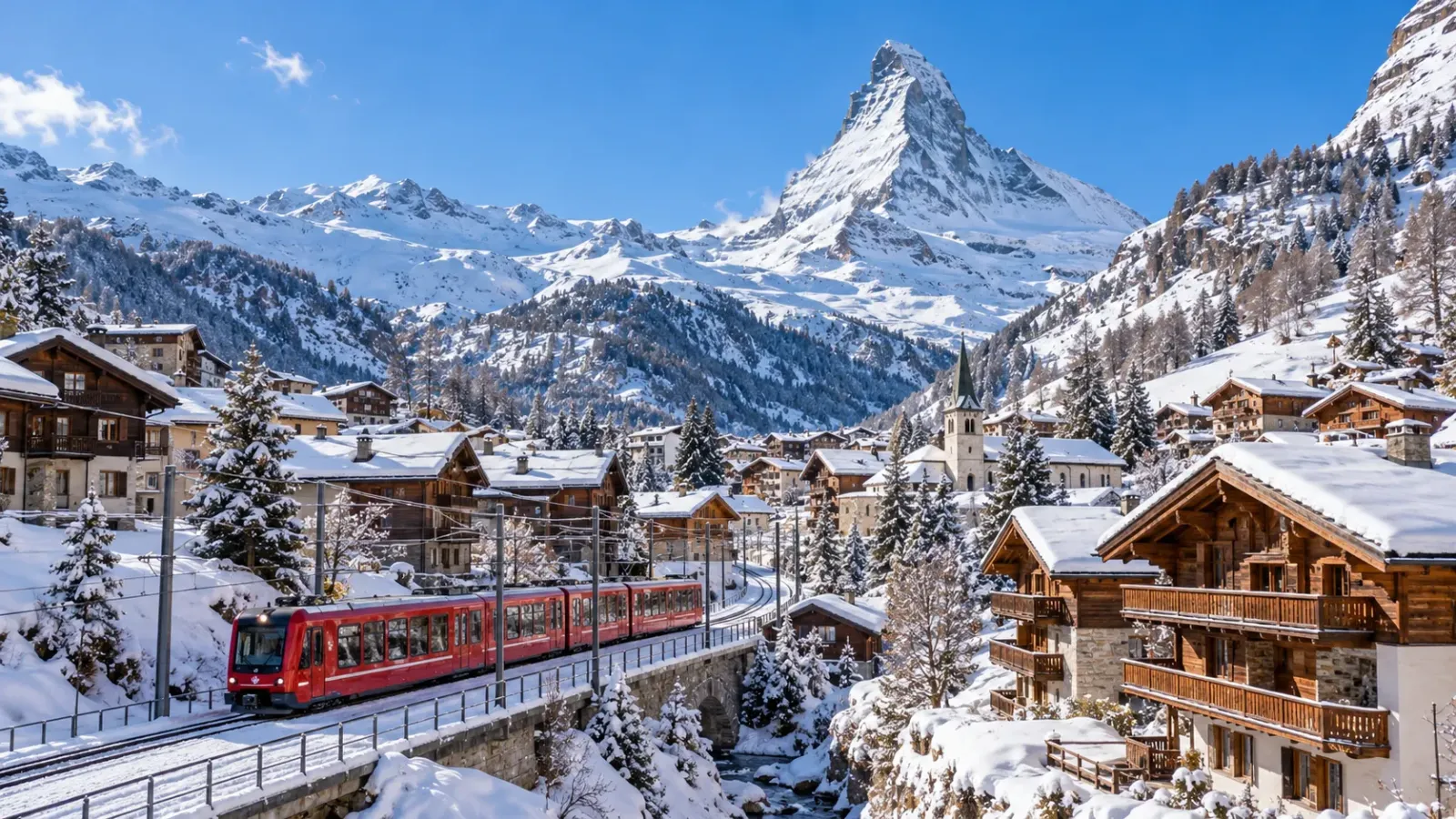 Thị trấn Zermatt phủ tuyết với đoàn tàu chạy qua những ngôi nhà và đỉnh Matterhorn phía xa.