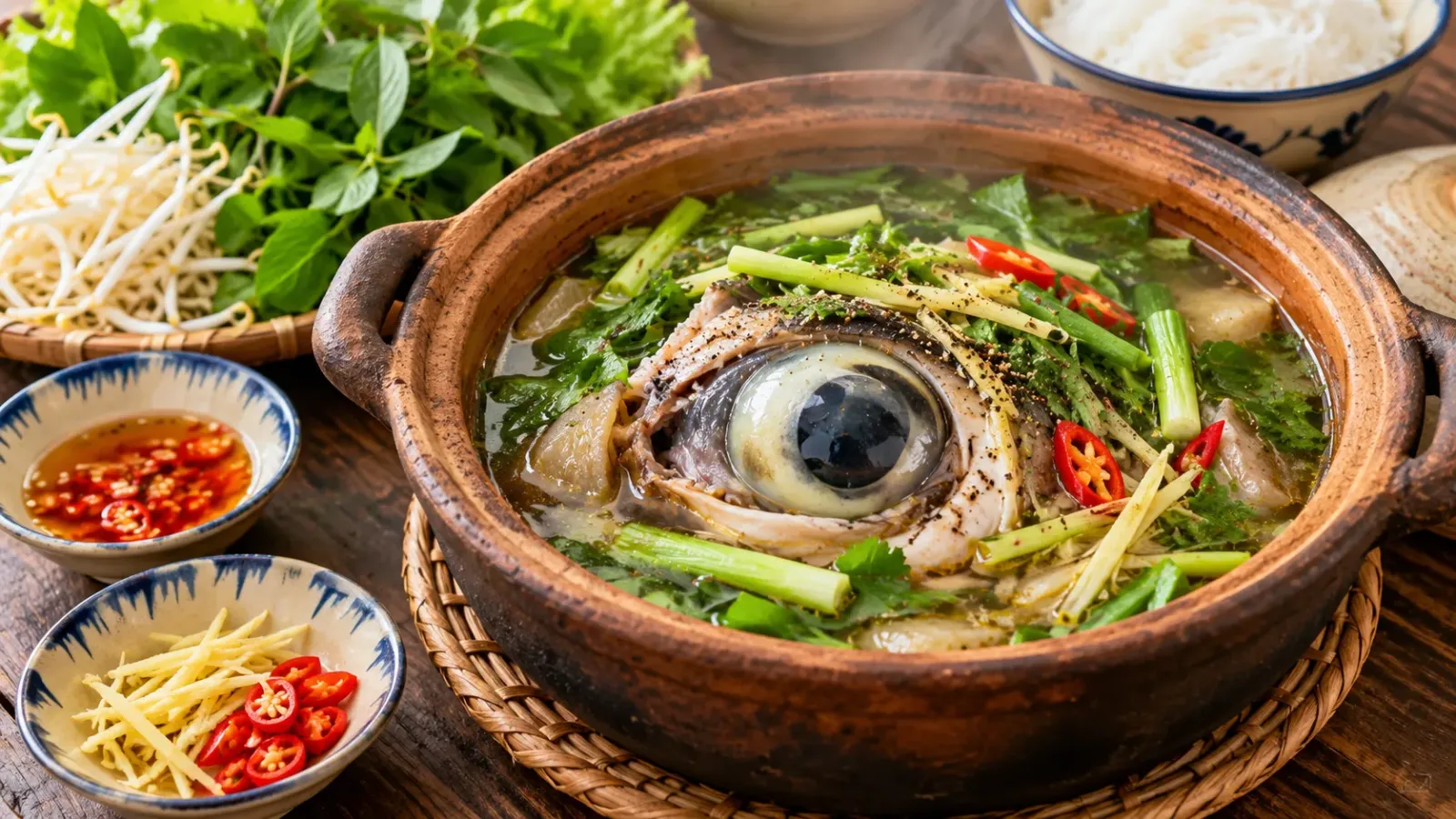 Thố mắt cá ngừ đại dương được chế biến nóng cùng gia vị và rau thơm