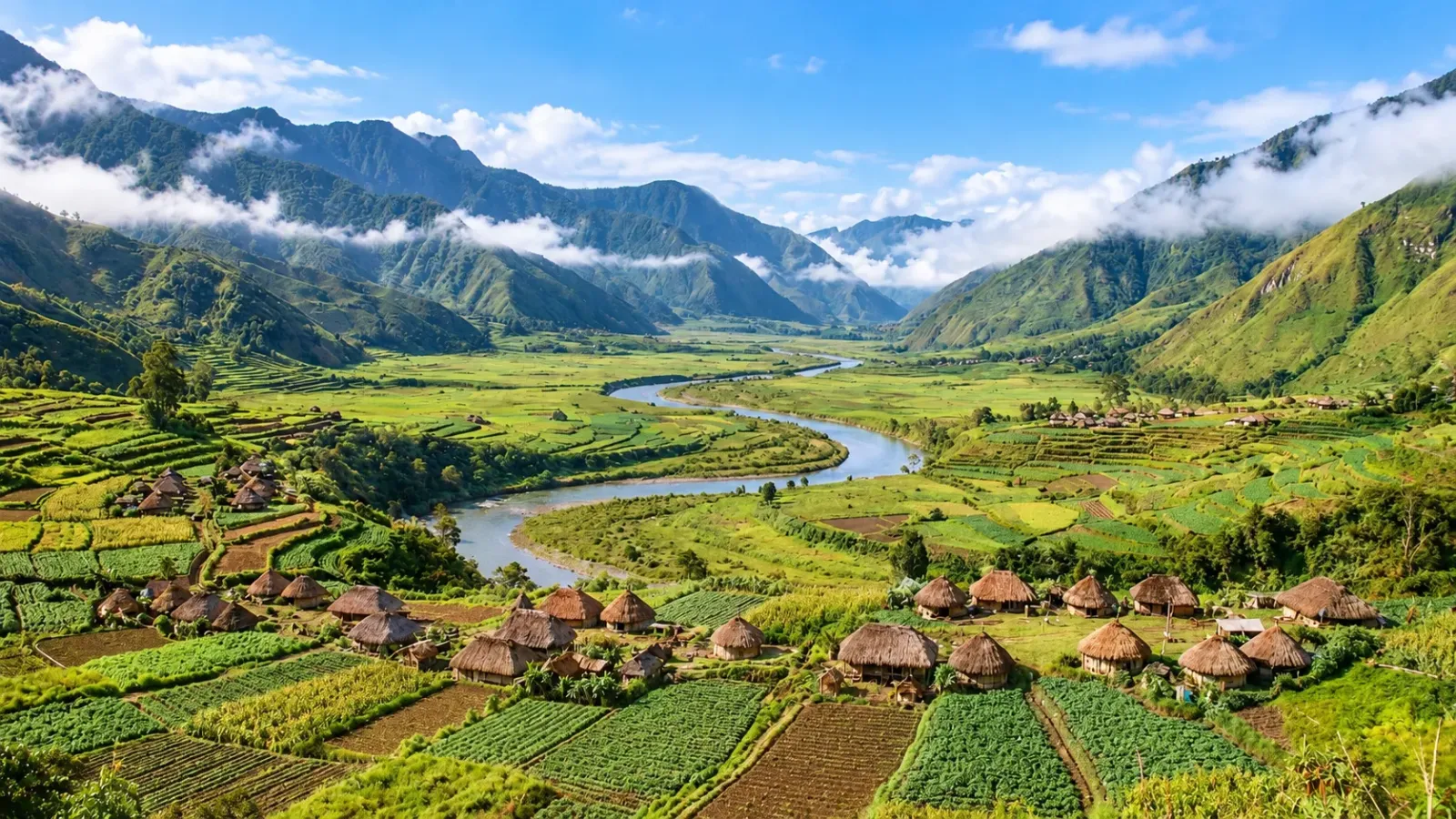 Thung lũng Baliem với núi cao ruộng vườn và làng dân cư tại Papua Pegunungan Indonesia