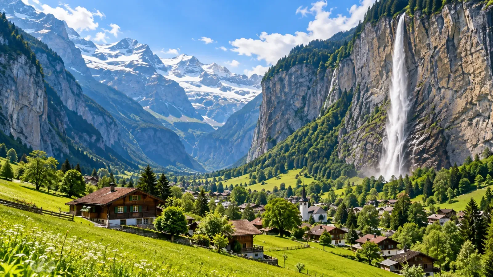 Thung lũng Lauterbrunnen với những ngôi nhà gỗ, đồng cỏ xanh, vách núi cao và thác Staubbach đổ xuống từ sườn đá.