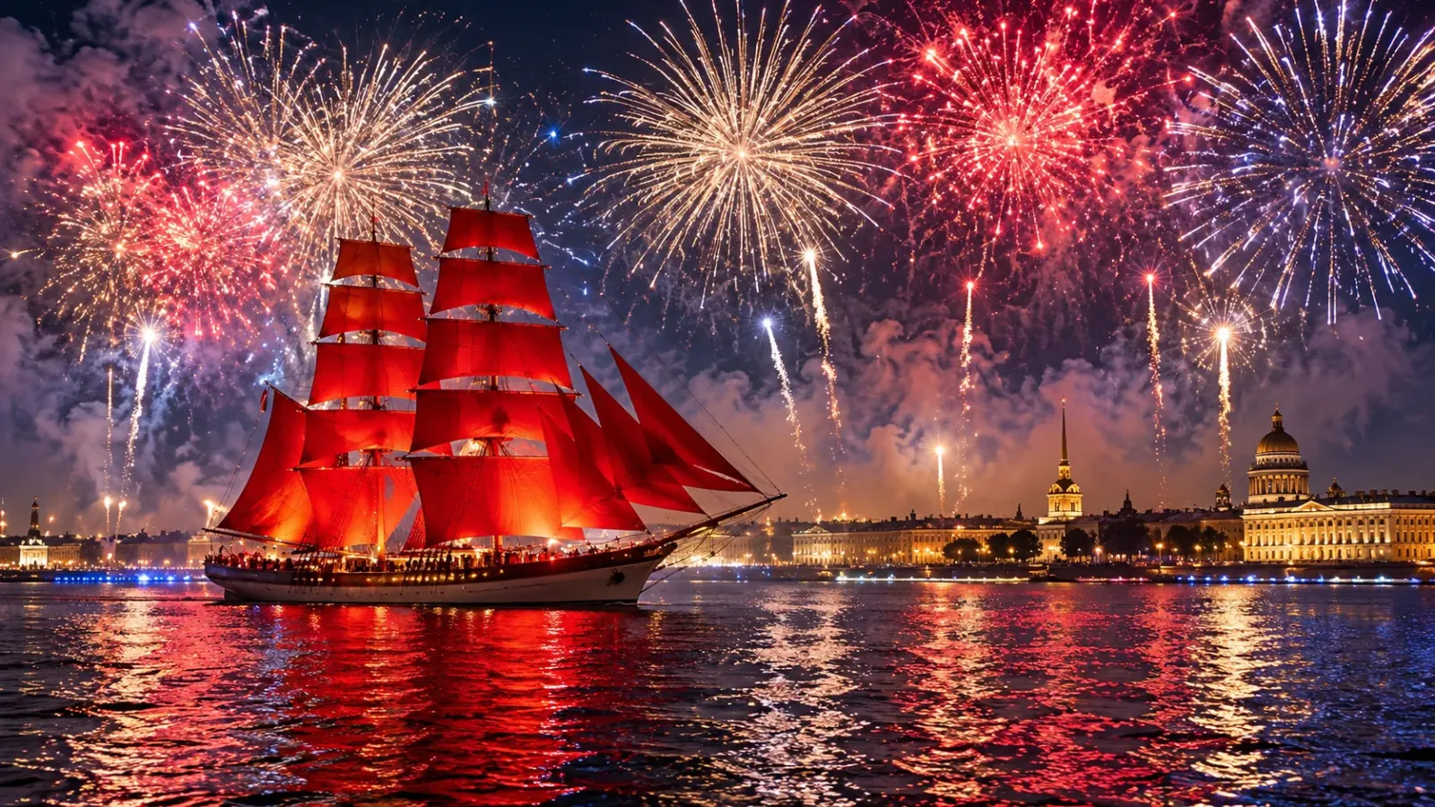 Thuyền buồm đỏ trên sông Neva cùng màn pháo hoa tại sự kiện Cánh buồm đỏ ở Saint Petersburg Nga