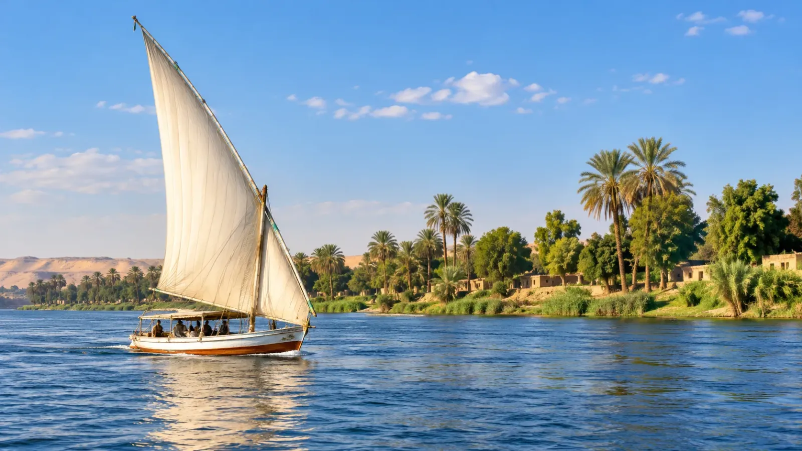 Thuyền buồm felucca với cánh buồm trắng di chuyển trên sông Nile tại Ai Cập, phía xa là cây xanh và cảnh quan ven bờ.