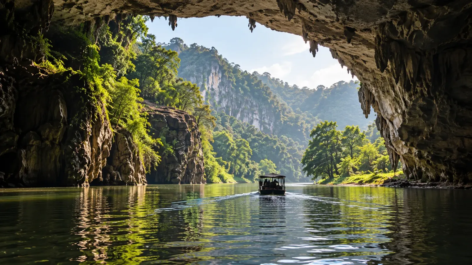 Thuyền đi trên sông Năng qua khu vực Động Puông tại Ba Bể