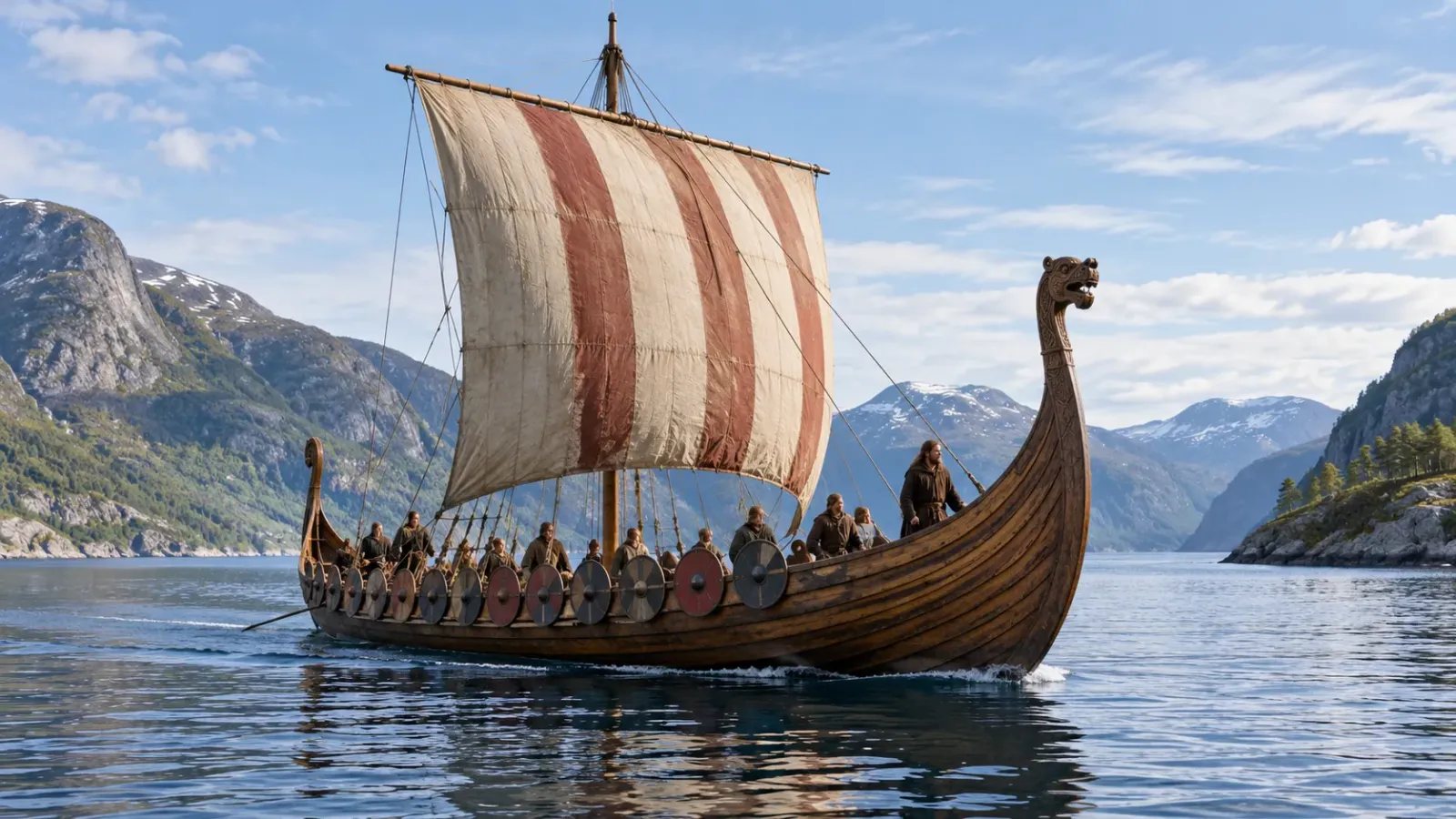 Thuyền gỗ Viking phục dựng với cánh buồm vuông trên mặt nước, minh họa kỹ thuật hàng hải thời Viking ở Bắc Âu.