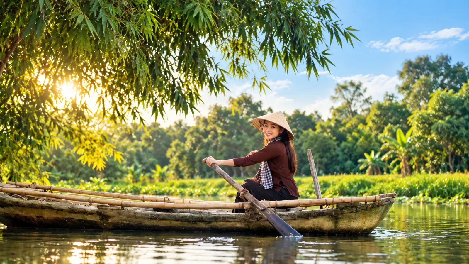 Thuyền nhỏ di chuyển trên sông giữa khung cảnh sông nước miền Tây