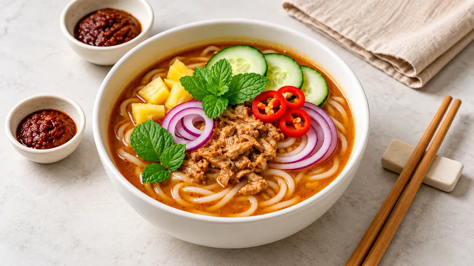 Tô Assam Laksa Penang với bún gạo nước dùng cá chua me và các loại rau ăn kèm