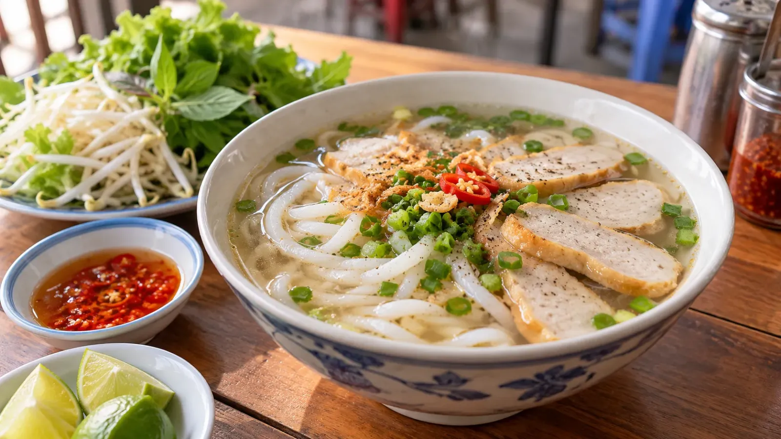 Tô bánh canh chả cá Nha Trang với những miếng chả cá, hành lá, ớt và rau gia vị.