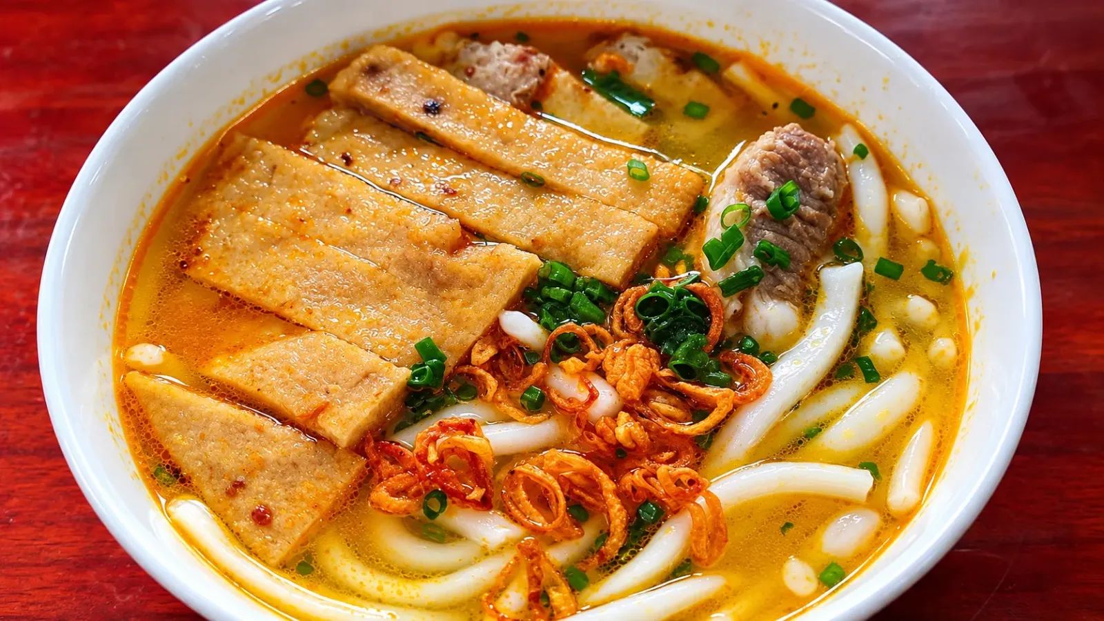 Tô bánh canh chả cá Nha Trang với sợi bánh canh, chả cá và hành