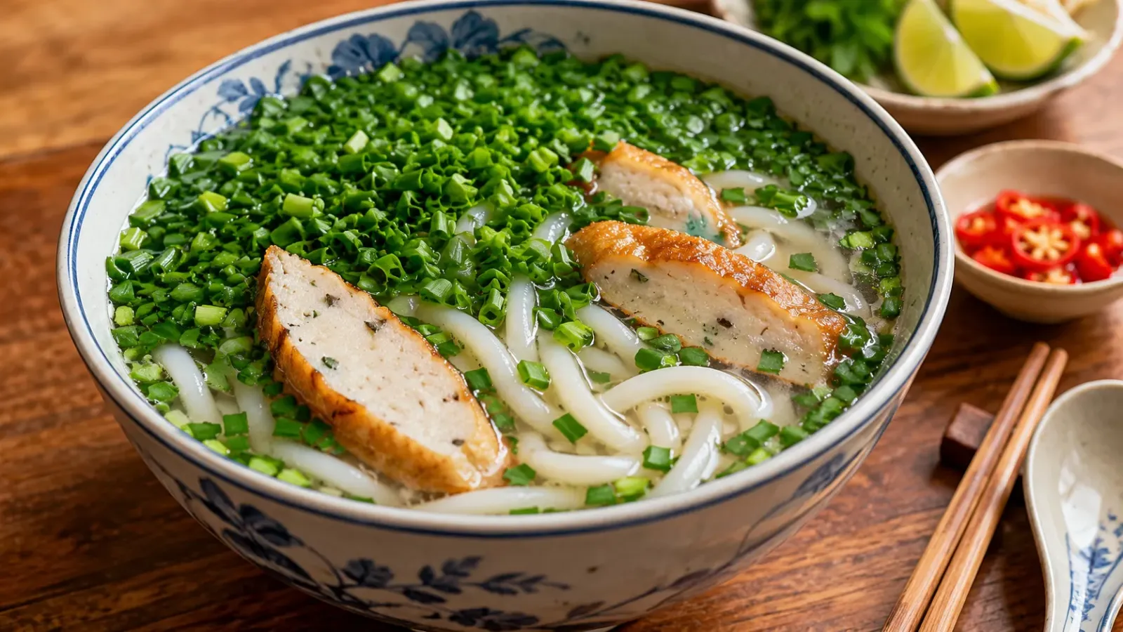 Tô bánh canh hẹ Phú Yên với sợi bánh canh, chả cá và lớp hẹ xanh trên mặt nước dùng