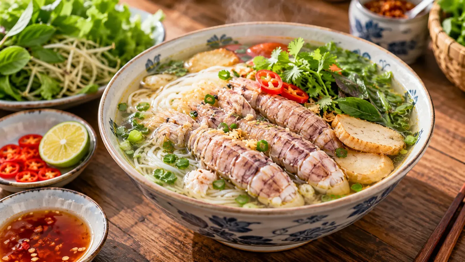 Tô bún bề bề với thịt tôm tít và nước dùng hải sản tại Hạ Long