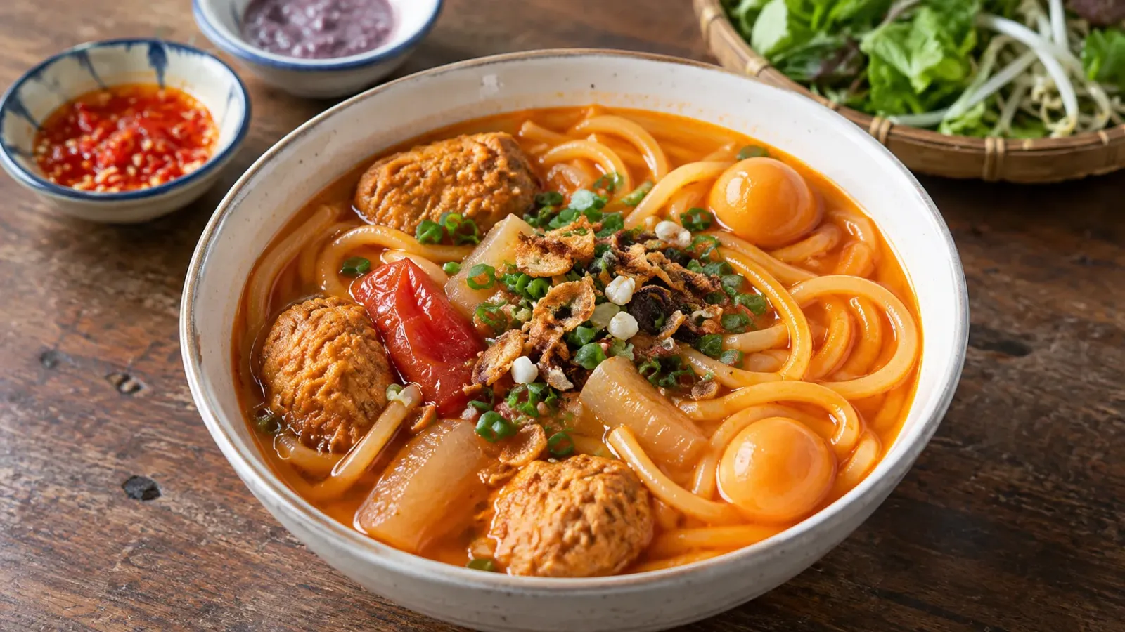 Tô bún đỏ Buôn Ma Thuột với sợi bún màu cam, trứng cút, chả và hành lá