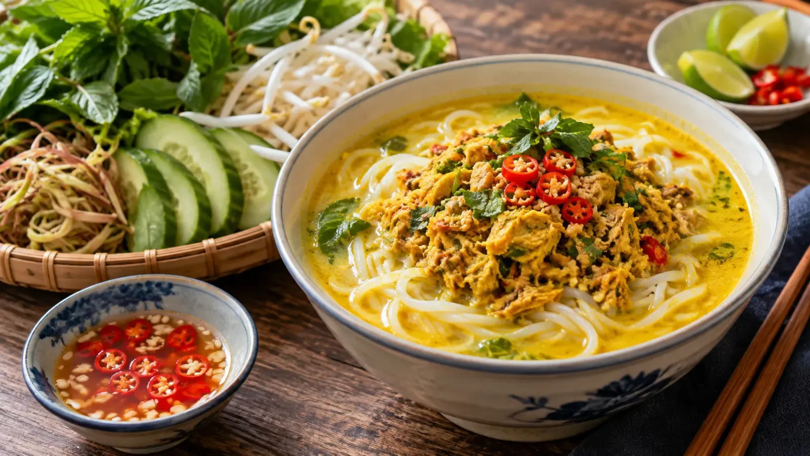 Tô bún kèn với nước dùng màu vàng, rau sống và các loại rau củ ăn kèm
