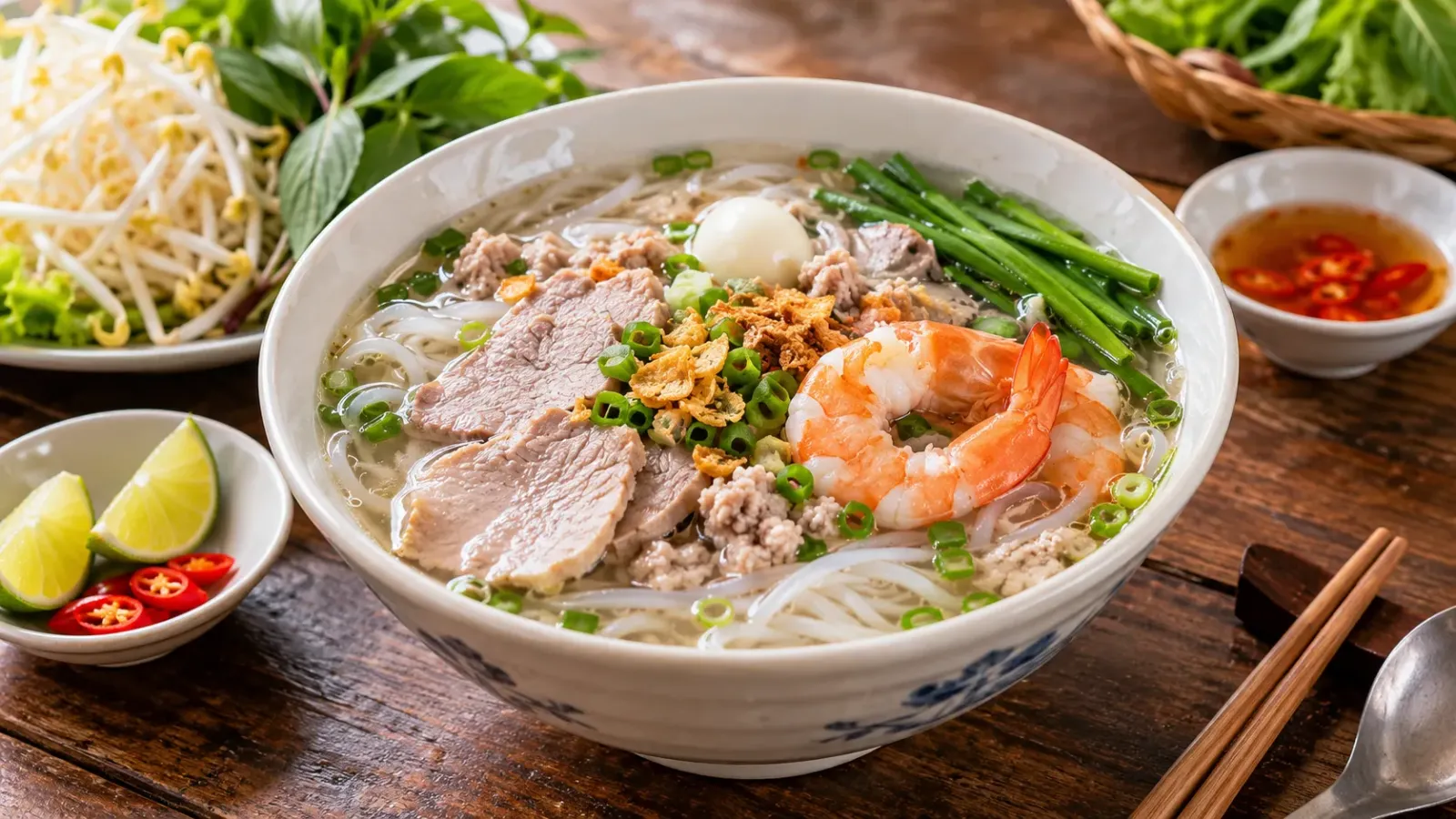 Tô hủ tiếu Mỹ Tho với sợi hủ tiếu nước dùng và các nguyên liệu ăn kèm