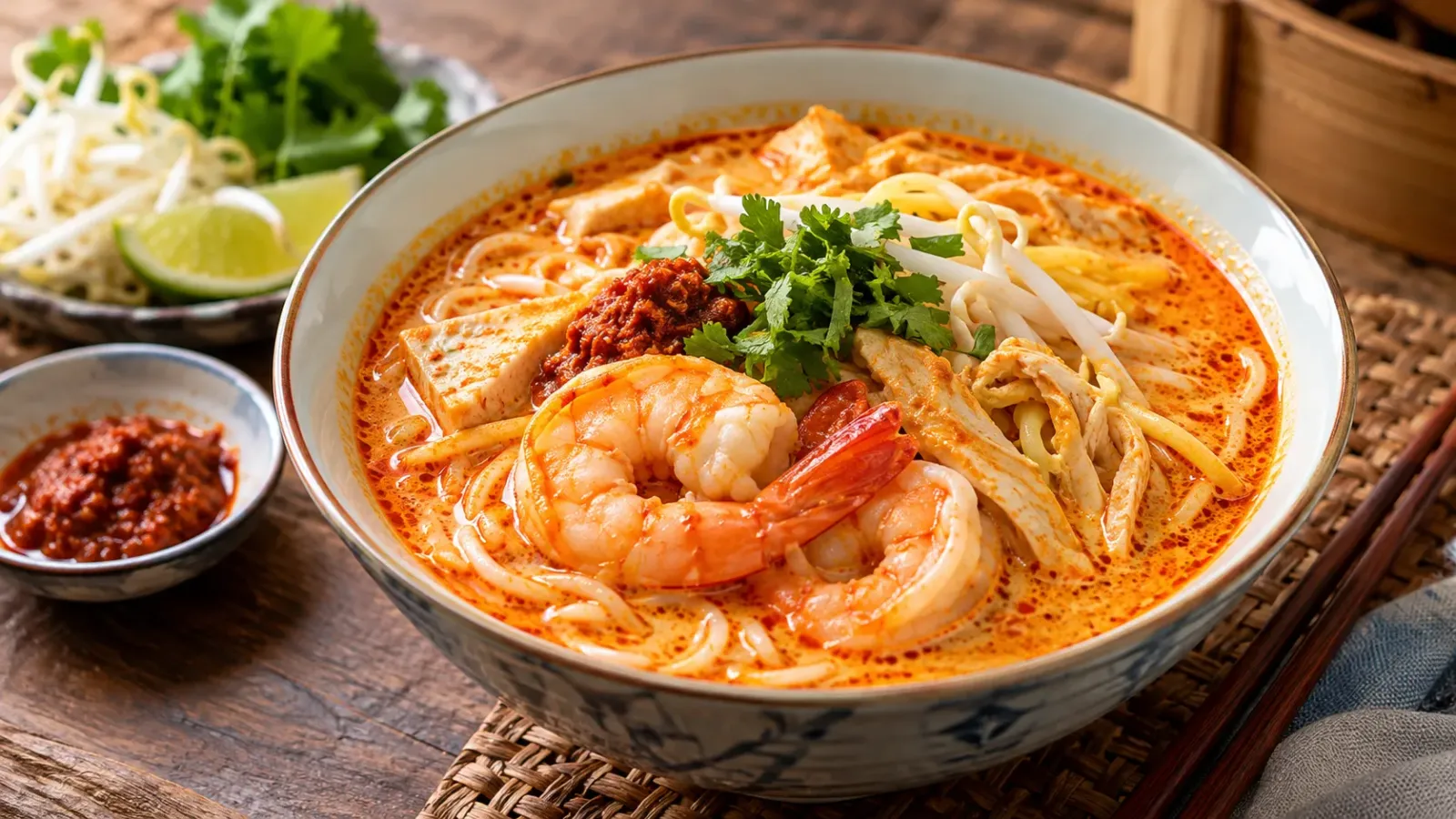 Tô Katong laksa Singapore với nước dùng cà ri nước cốt dừa, tôm và sợi bún gạo.