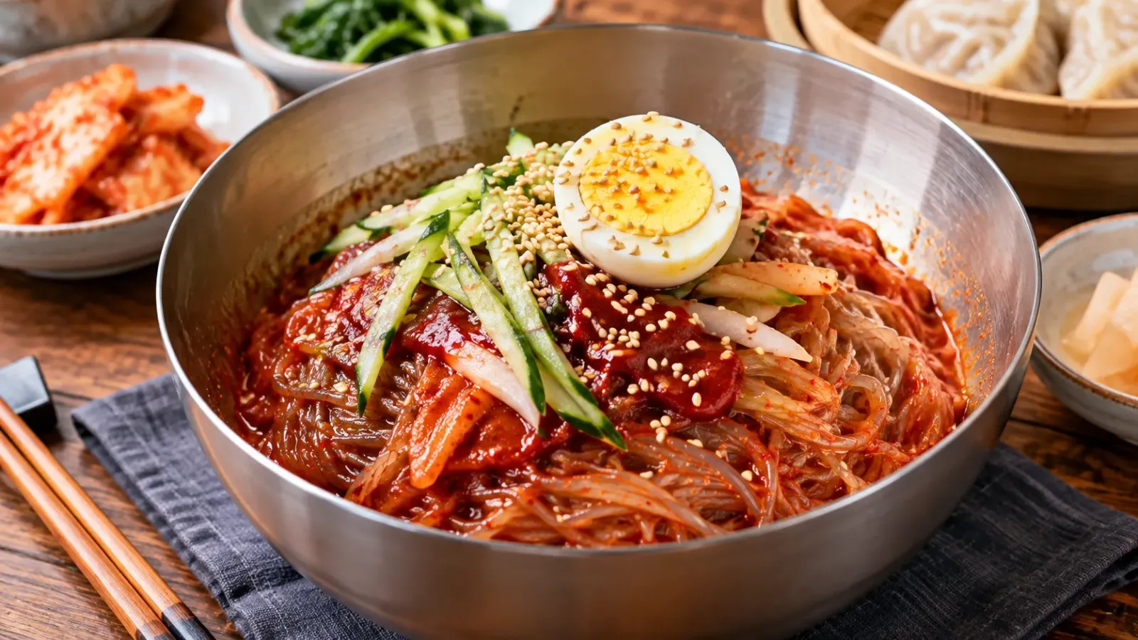 Tô mì lạnh Bibim Naengmyeon Hàn Quốc trộn sốt cay đỏ với dưa chuột và trứng luộc