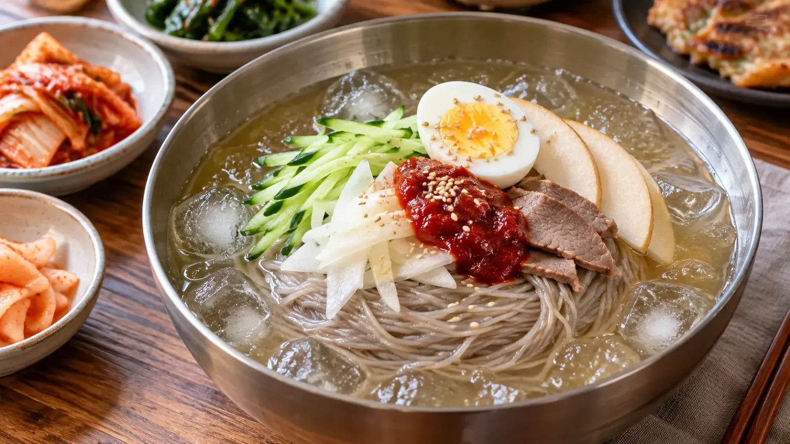 Tô mì lạnh Naengmyeon Hàn Quốc với nước dùng lạnh, sợi mì, rau củ và tương ớt